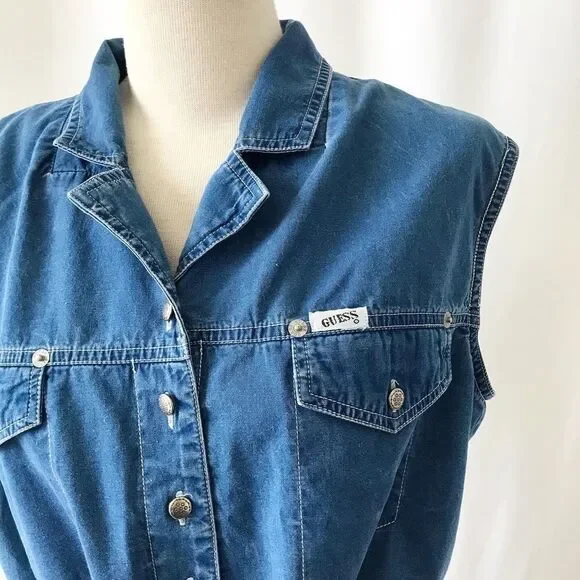 Vintage GUESS Denim Tie Front Top Y2K Western Retro Crop Shirt L - Picture 3 of 8